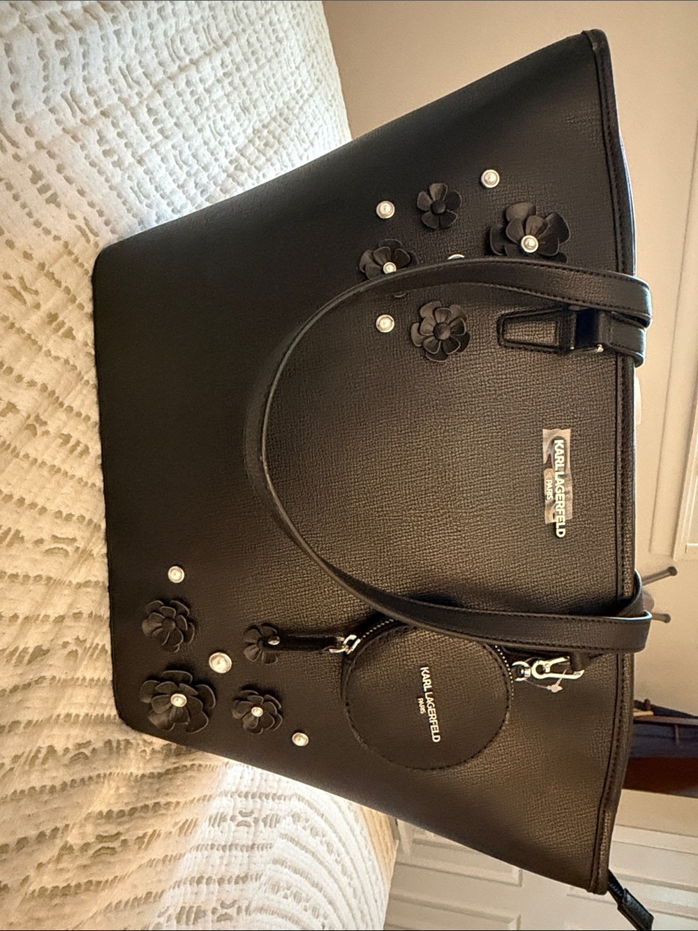 Karl Lagerfeld Black Floral Applique Tote with Coin Pouch (Black)